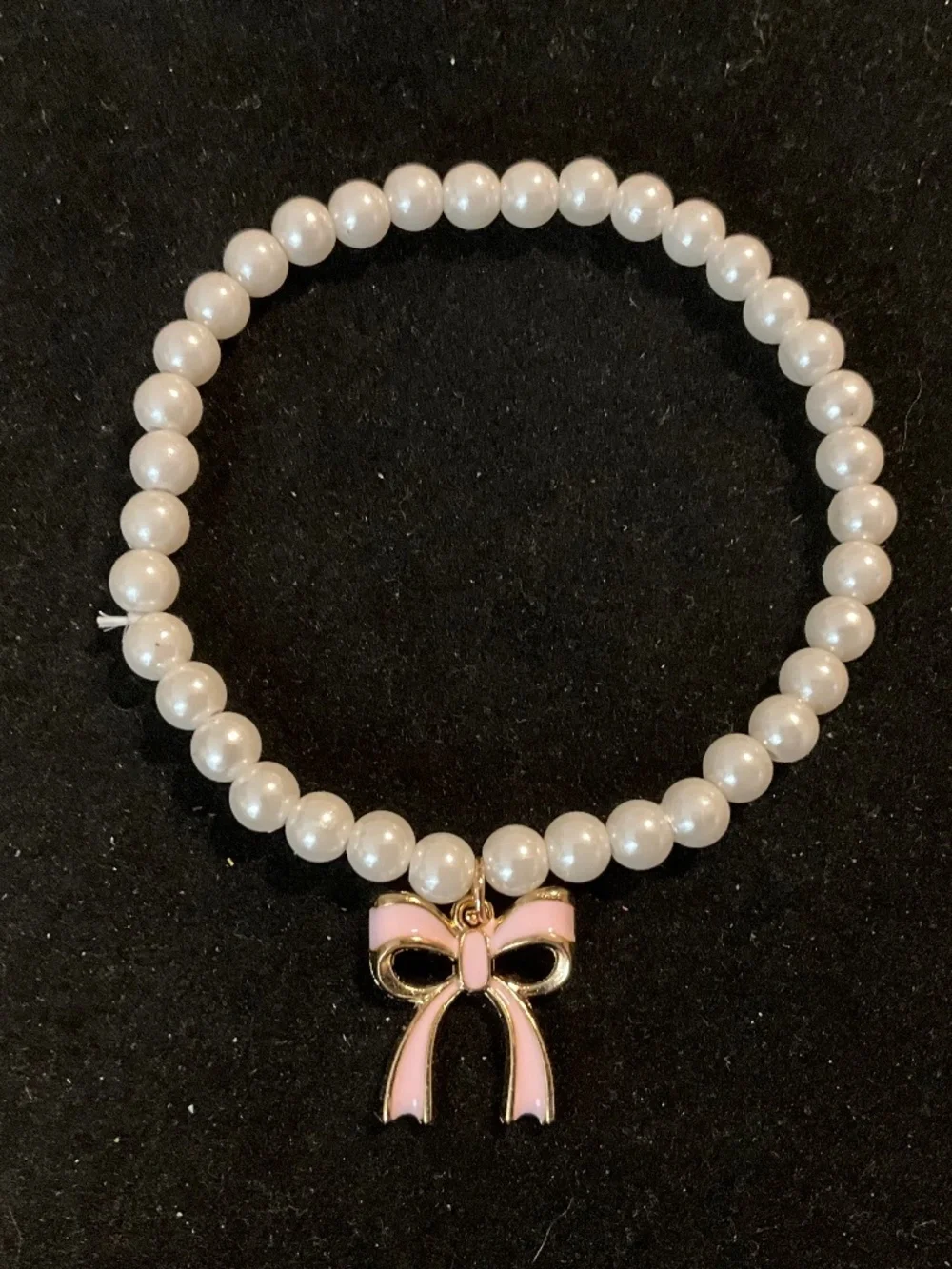 Pearl Beaded Cat Collar Pink Bow Charm Stretch Medium 11.81in